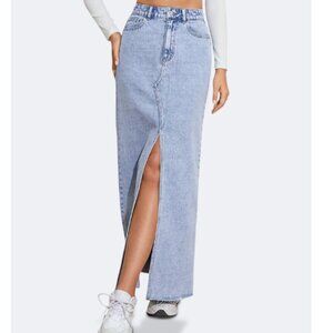 Women's High Waist Maxi Denim Skirt Front Split Frayed Raw Hem